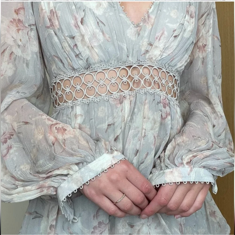 Zimmermann Iris Floral Eyelet Pink Grey Dusty Pastel Silk Lace Trim Blouse Sz 3 - Picture 3 of 13